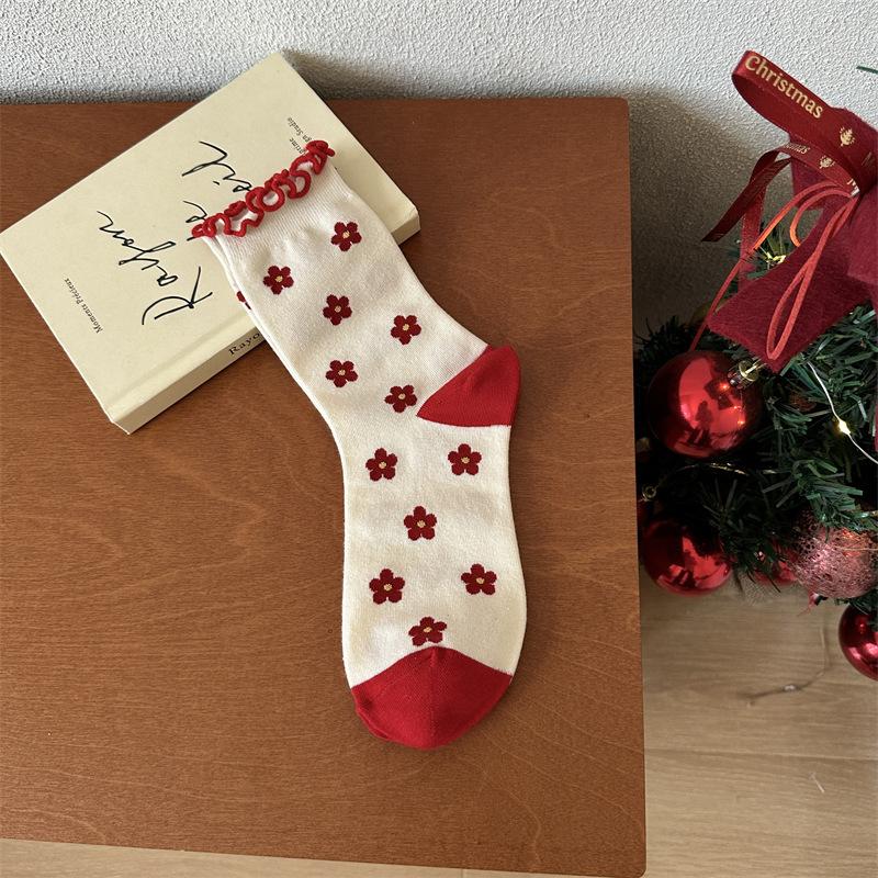 Sign On The Birth Year Big Red New Year'S Socks Female Mori Bow Small Flower Love Women'S Cotton Socks Medium Tube Socks