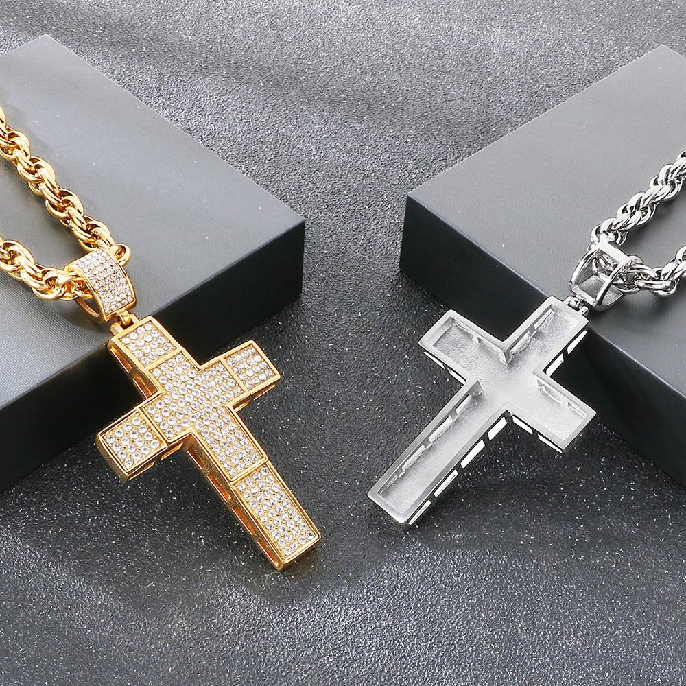 Hip Hop 316L Stainless Steel & Full CZ Cross Pendant Necklace Man Double Layer Hollow Cross Jewelry Gifts Trend Necklaces