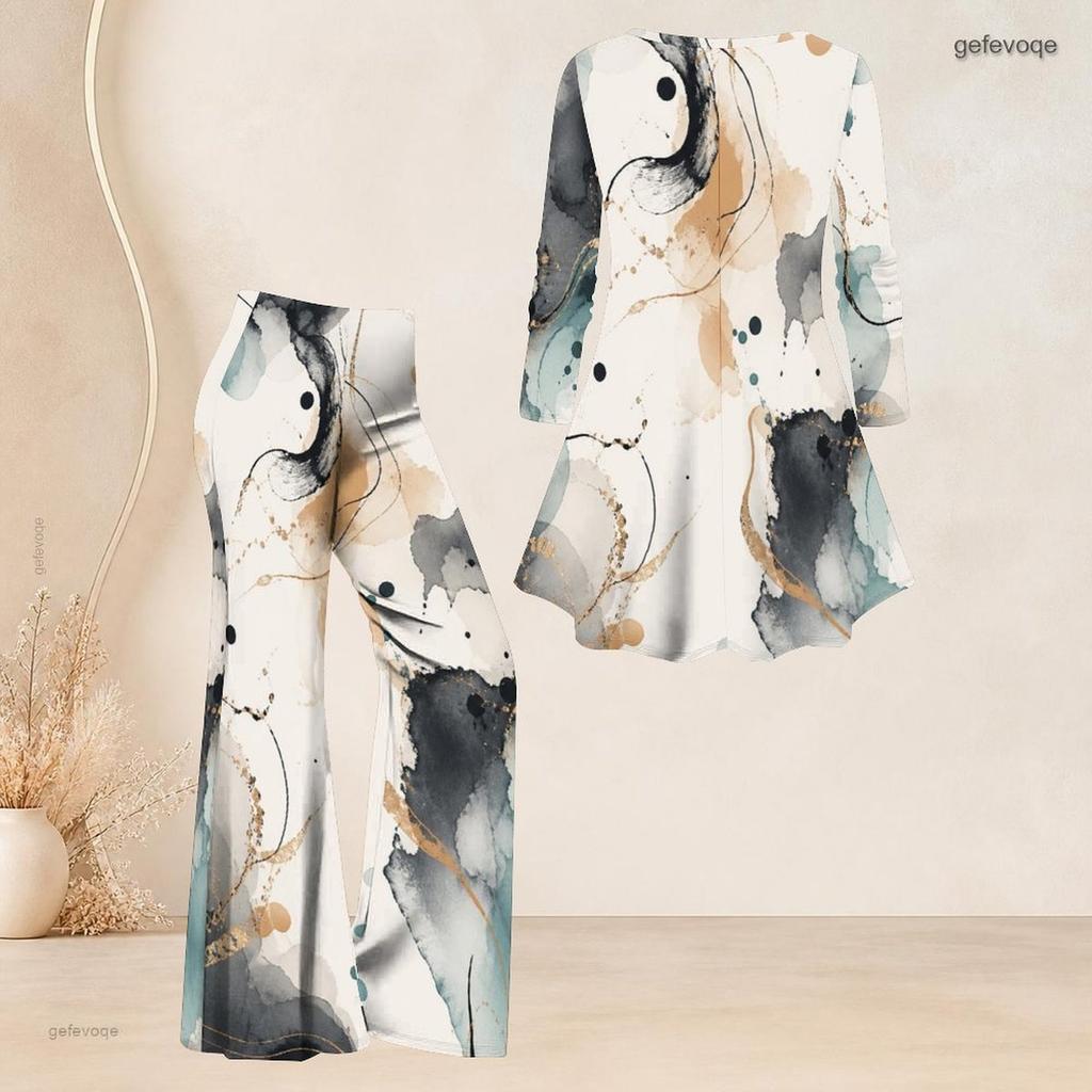 Women Plus Size Round Neck Three Quarter Sleeve Printed Flared Top And Flared Pants Two Piece Set