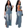 Slim Fit Elastic Washed Denim Jumpsuit