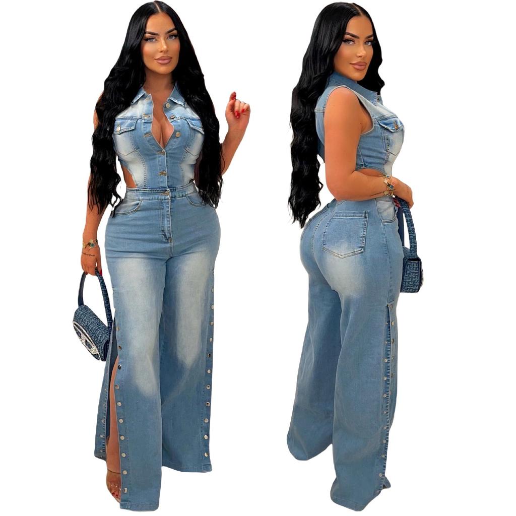 Slim Fit Elastic Washed Denim Jumpsuit