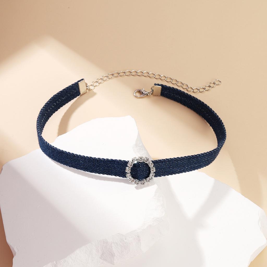 Casual Jean Fabric Collar Necklace Stylish Clavicle Chain Jewelry for Women Girl Fashionable Rhinestones Charm Necklace