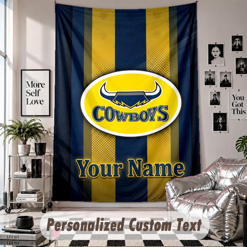Wall Hanging Tapestry With Custom Name & Text, North Queensland Cowboys Decorative Tapestry For Bedroom