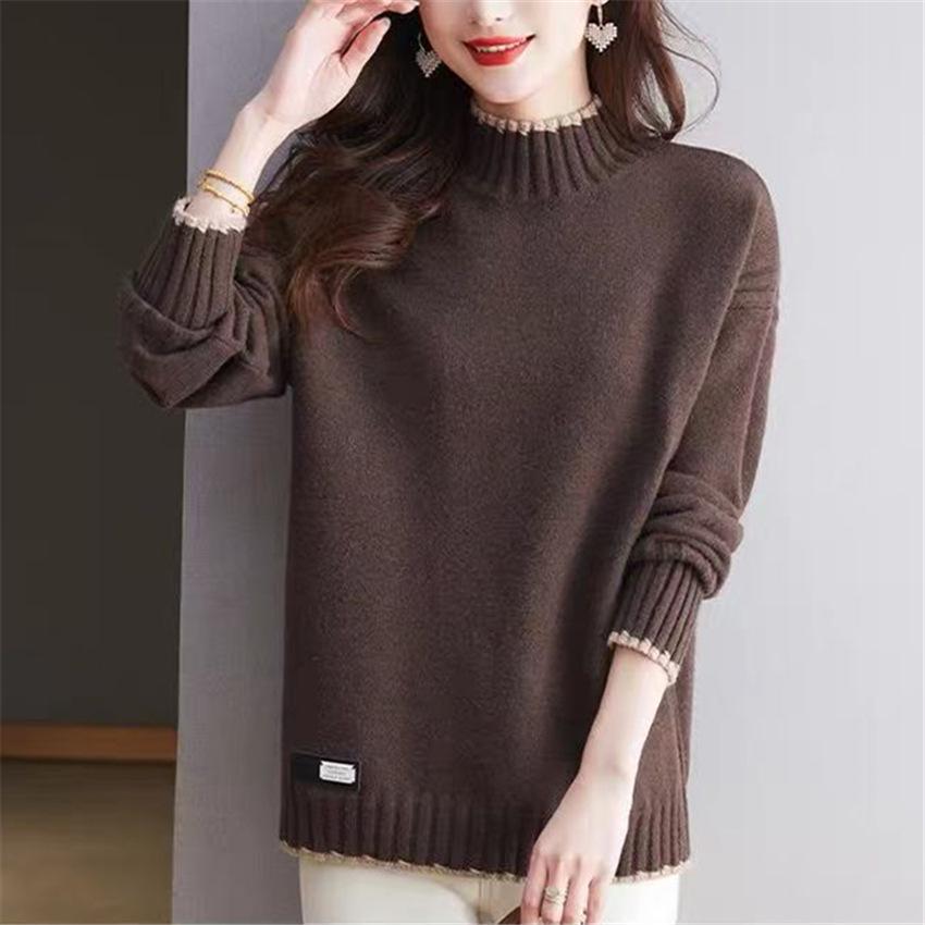 Plus Size Color Block Half-High Neck Sweater - Women's Loose Autumn/Winter Knit Pullover