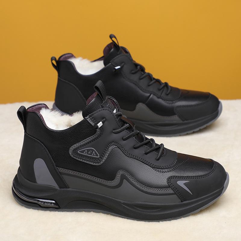 

Men s Winter High-Top Genuine Leather Wool Warm Cotton Shoes - Outdoor Sports, Cold-Proof, Plus Velvet 44 чёрный