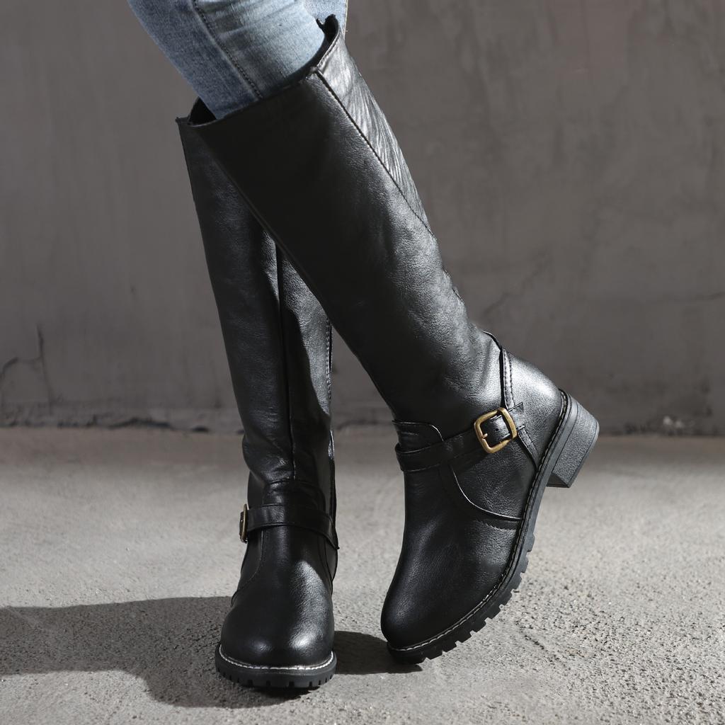 Winter European and American Large Size Belt Buckle Low Heel High Boots Side Zipper Knight Women's Boots Martin Boots