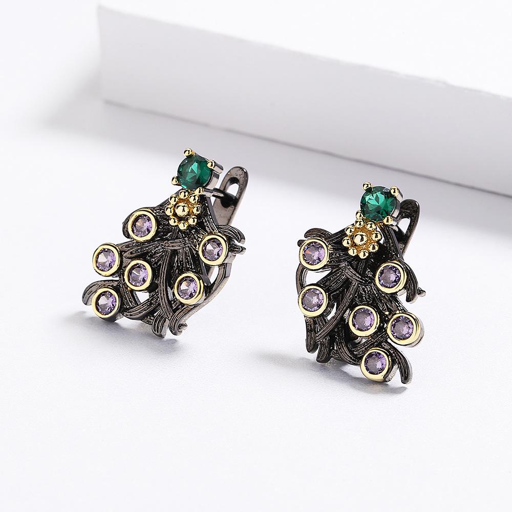 Purple Zircon Flower Earrings Womens Elegant Classic Black and Gold Earrings