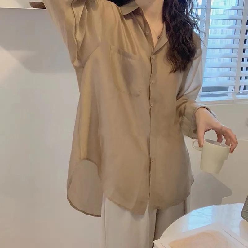 

Белая рубашка женская мода простой элегантный стиль летний тонкий топ повседневный универсальный корейский свободный длинный рукав солнцезащитная блузка новый XXXL хаки