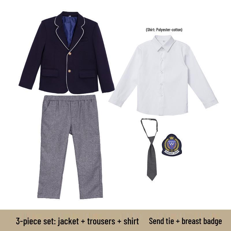 Children's Academy Style Formal White Shirt & Navy Jacket Suit Set for Elementary School Girls