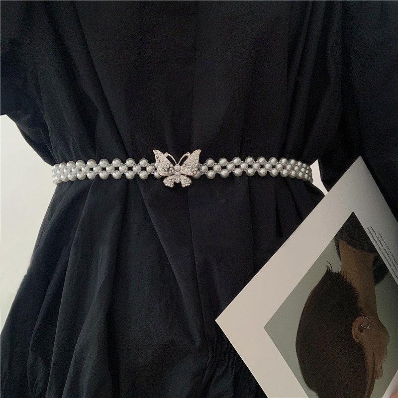Women's Pearl Elastic Waist Chain for Hanfu and Korean Style Outfits - Versatile Woven Beaded Slimming Accessory