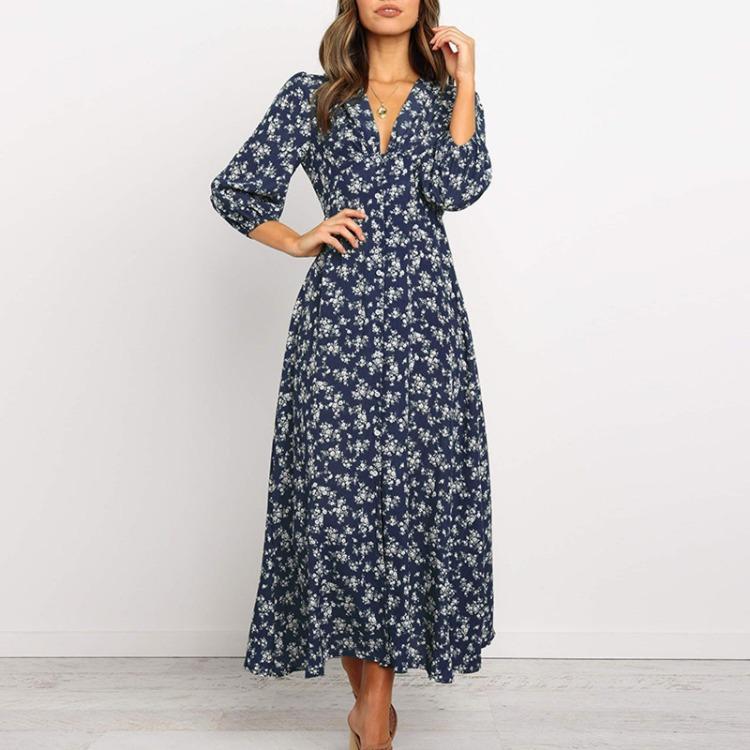 Böhmisches Blumen-Maxikleid Eleganter Stil Langärmlig Hohe Taille Locker Lässig Strandkleid für Damen Böhmisch Bedruckt