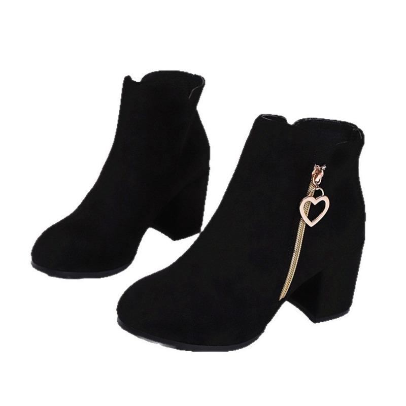 Foreign trade large size high-heeled short suede Martin boots women's autumn and winter new round head thick heel side zipper short boots