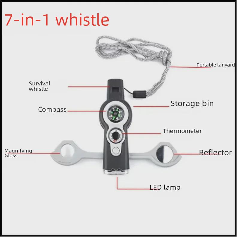 7-in-1 LED Light Survival Whistle with Thermometer & Compass