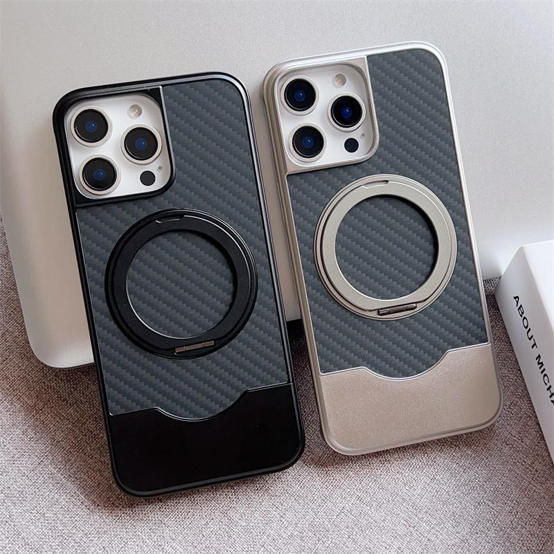 Magnetic Push-Pull 360 Rotate Bracket Metal Phone Case For iPhone 14 15 16 Pro Max Magsafe Carbon Fiber Texture Shockproof Cover