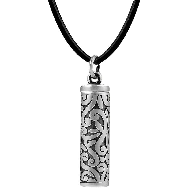 

Antique Silver Hollow Pendant Necklace For Scripture Storage Engraved Vine Design Includes Prayer Scroll Leather Strap 1