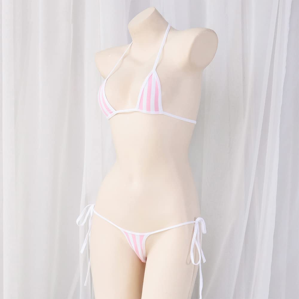 Micro Extremely Sexy Triangle Separate Lolita Cosplay Moe Border String Striped Halter One Pink [SENMHOO] Bikini, Small, Swimsuit, Bikini, Costume,