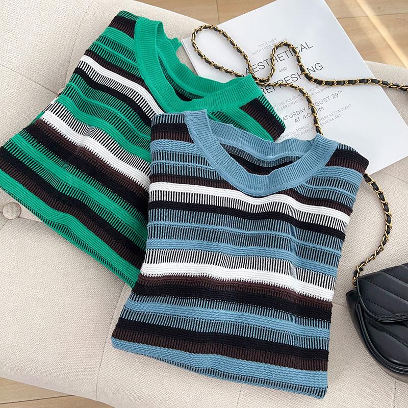 

Striped Cotton Knitted Short-sleeved T-shirt for Women, Summer Round Neck and Summer New Style Half-sleeved Color-blocking Body Shirt S
