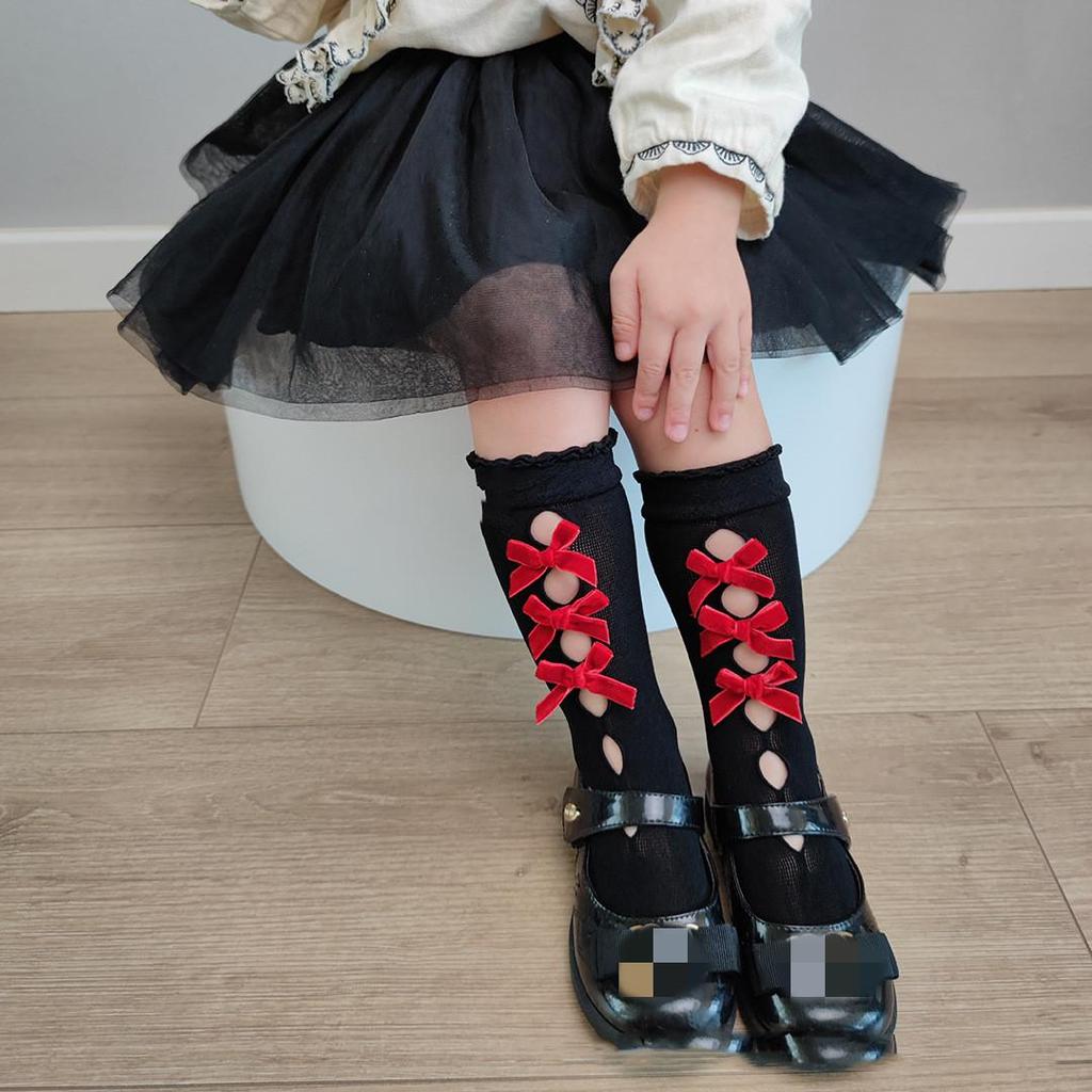 Children's Socks Summer Lolita Wooden Ear Mesh Ribbon Large Bow Mid-tube Socks for Girls
