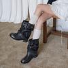 Autumn and winter new western cowboy boots women's pleated piles black round head retro belt buckle thick heel knight boots
