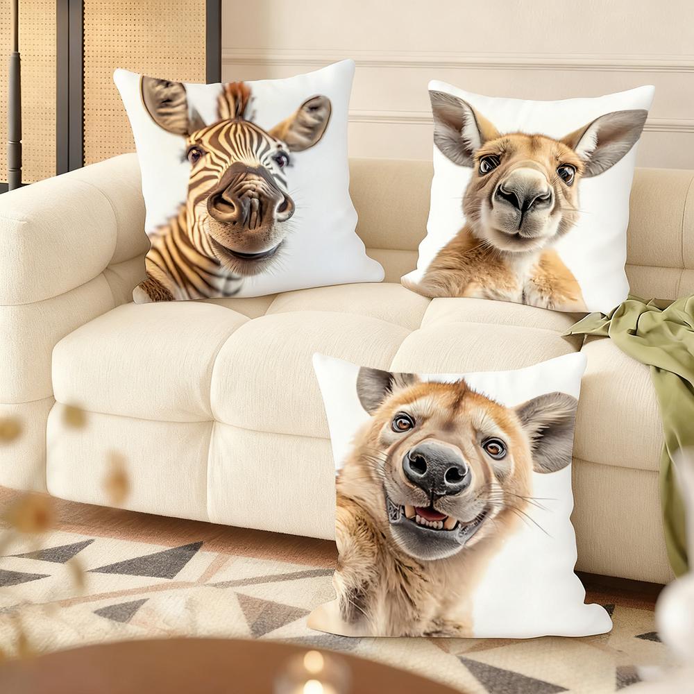 Fun animal selfies Cushion Cover Natural Linen Organic Fabric DoubleSided Printing Couch Pillow Covers Home Decor Gift