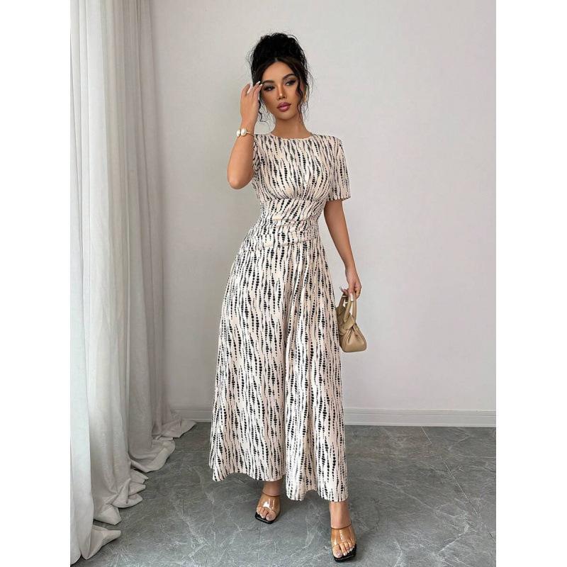 Europe, America 2026 summer new fashion temperament round neck slim and thin printed casual dress S