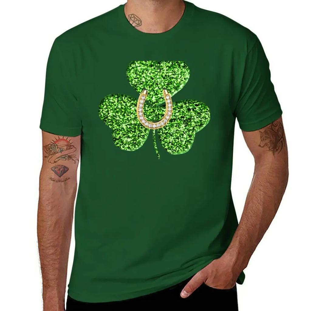 Faux Green Glitter Shamrock With A Horseshoe T-Shirt Aesthetic clothing cute tops black t-shirts for men