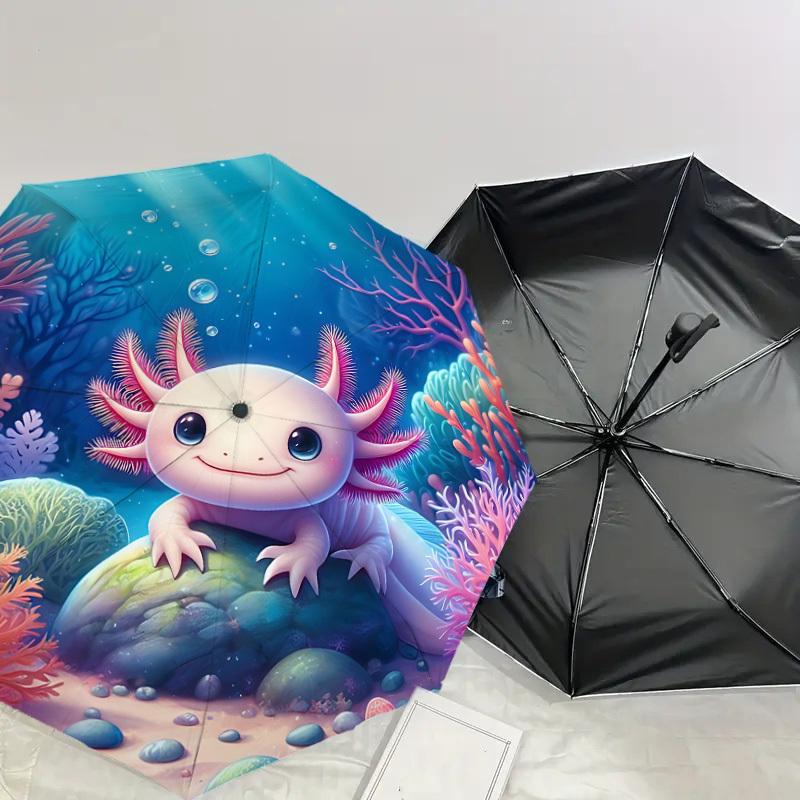 1PC Axolotl Ocean Automatic Open/Close Umbrella with Windproof, 8-Rib Sturdy Canopy, Durable Ribs, Fashionable Design, Outdoor Accessory, Fun Prin, Ho