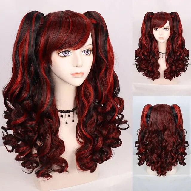 Parrucca Cosplay sintetica lunga colorata riccia per ragazze Lolita Cosplay con doppia coda di cavallo e 1 cuffia per parrucca
