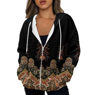 Women's  And Winter Casual Fashion Hoodie Sweatshirt Printed Zip Jacket With Pockets