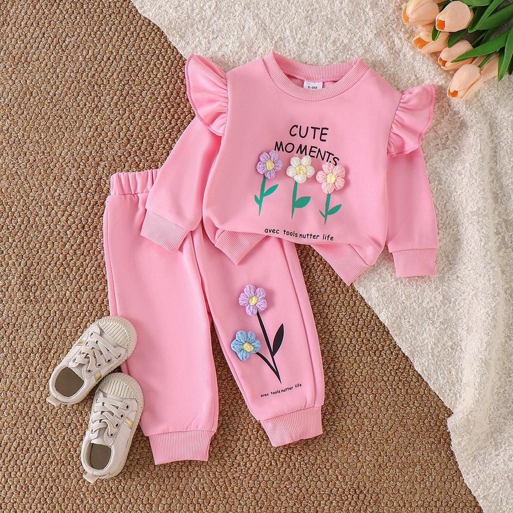 Vinröd Huvtröja med Långa Ärmar och Byxset för Flickor - Europeisk & Amerikansk Stil