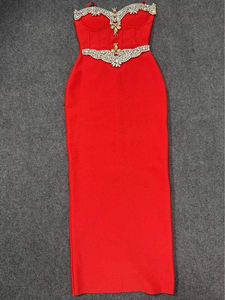 Elegant Beaded Strappy Slit Bandage Evening Gown