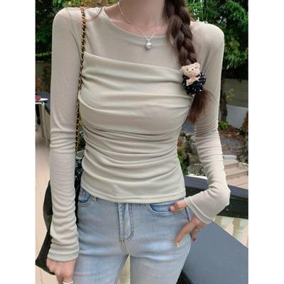 Wind Long-sleeved T-shirt Women's Early Autumn Slim-fitting Versatile Solid Color Short Sweet Top T-shirt