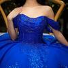 Royal Blue One-word Shoulder Evening Dress Fluffy Skirt Bride Toasting Clothes Stage Performance Clothes Large Size Wedding Dress
