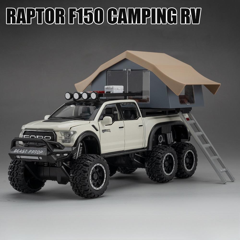 1:24 Raptor F150 Toy Car Models Alloy Diecast Camping RV Pull Back Sound Light 5 Doors Opened Ornament Vehicle Presents for Kids