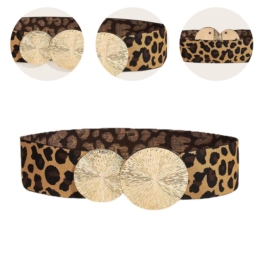 Ladies Leopard Print Corset Elastic Wide Waist Belt with Round Buckle Universal Women Banquet Dress Shirt Coat Corset