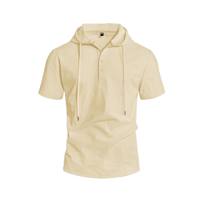 Men's Linen Short Sleeve Hooded Shirt Solid Color Beach Casual.