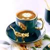 Luxury Green Gold Plated Leaf Ceramic Coffee Cup with Saucer Exquisite Afternoon Tea Dessert Cup Office Interior Mug Home Decor
