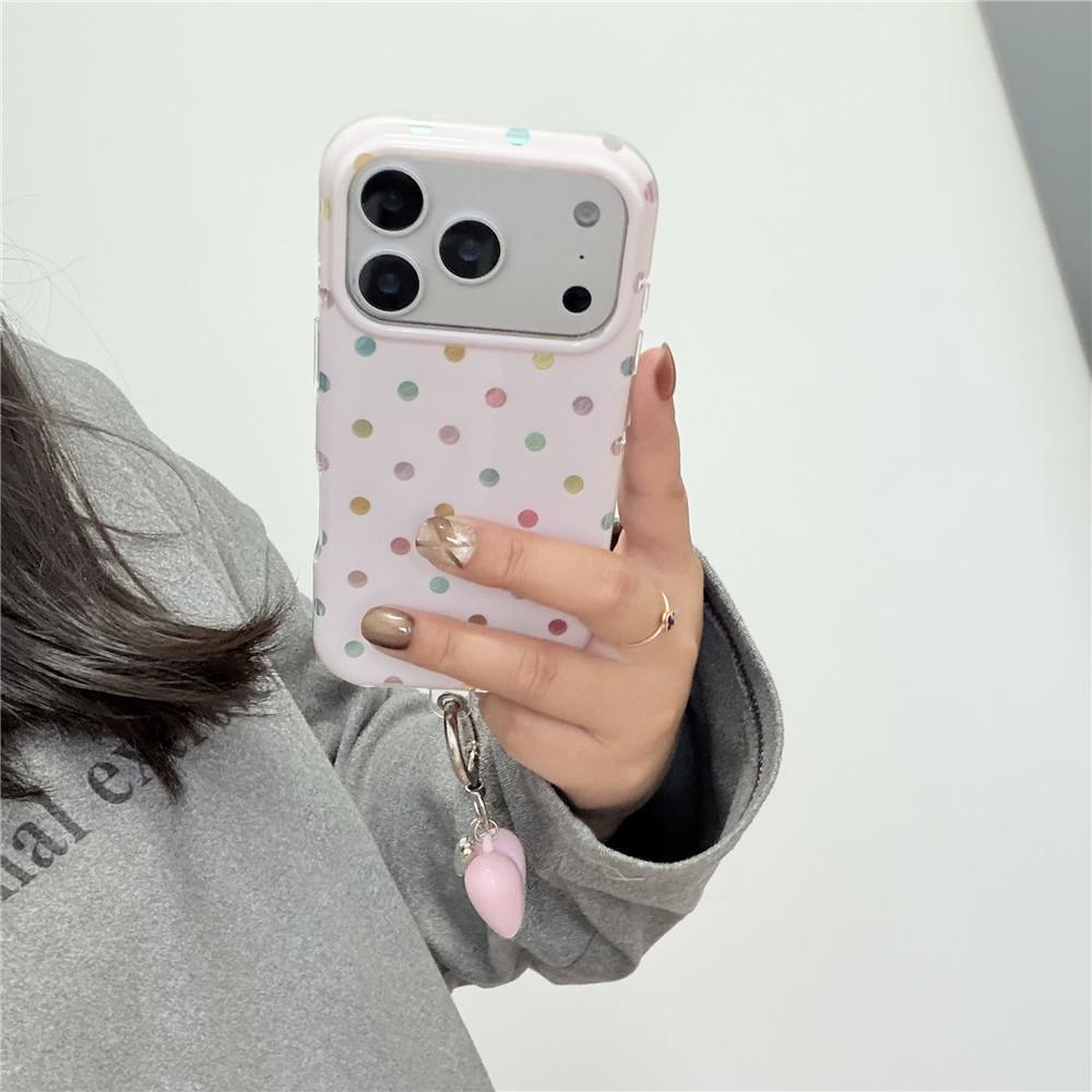 Colorful Polka Dot Drop-Proof Case with Heart Pendant, Compatible with iPhone 17 Pro, 16 PM, 15, and 13 - Japanese Korean INS Style