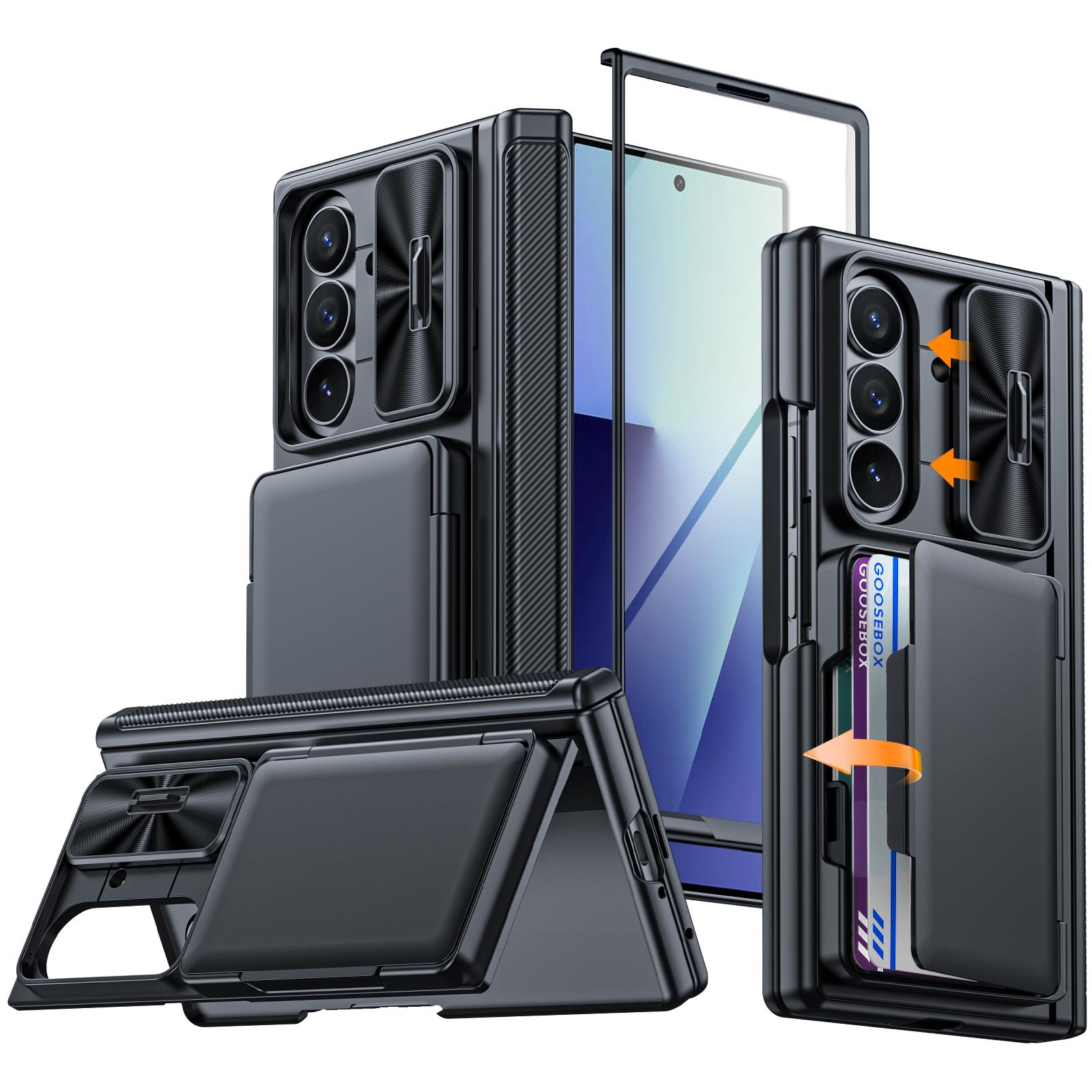 

Чехол для телефона Samsung Galaxy Z Fold 7 с держателем для карт [Блокировка RFID], Защита камеры, Защита шарнира, Скрытая подставка, Защитная пленка для экрана - Синий чёрный