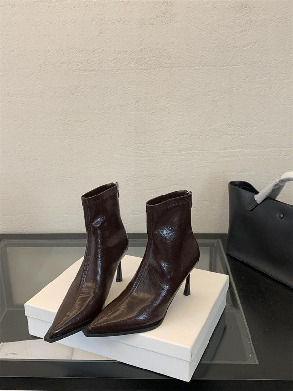 

2025 новые осенне-зимние простые однотонные остроносые тонкий каблук средний каблук короткие ботильоны высокий каблук тонкие модные французские ботильоны 39 темно-коричневого