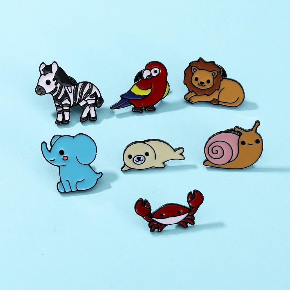7 Styles Cartoon Mini Animal Enamel Brooches Cute Crab Elephant Snail Zebra Parrot Lion Shaped Pins For Women Girls Badge