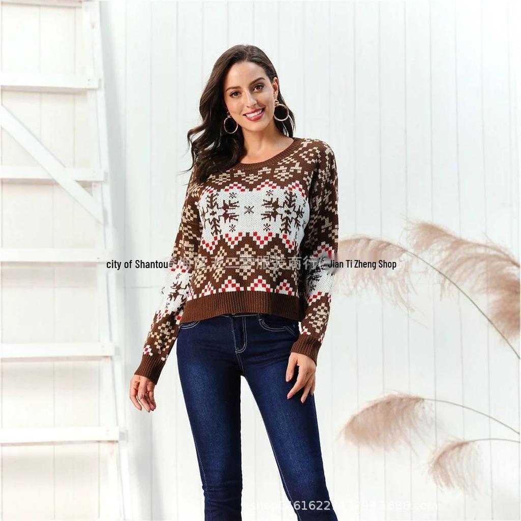 2026 European Plus Size Women's Snowflake Pullover - Autumn Winter Christmas Round Neck Sweater