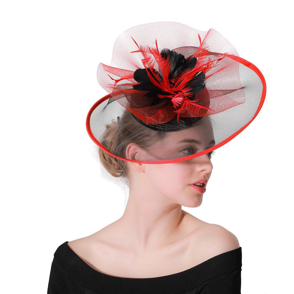Boutique Banquet Mesh Top Hat Hemp Headdress Bridal Wedding Dress Mesh Red With Black Feathers