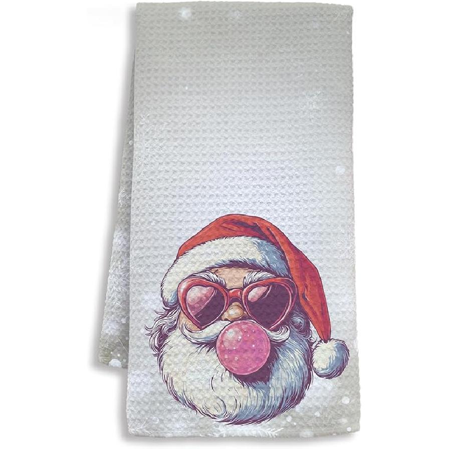 Pink Santa Winter Kitchen Towels, Snowflake Winter Dish Tea Towels for Kitchen, Funny Christmas Santa Claus Holiday Decorative Hand Towel for
