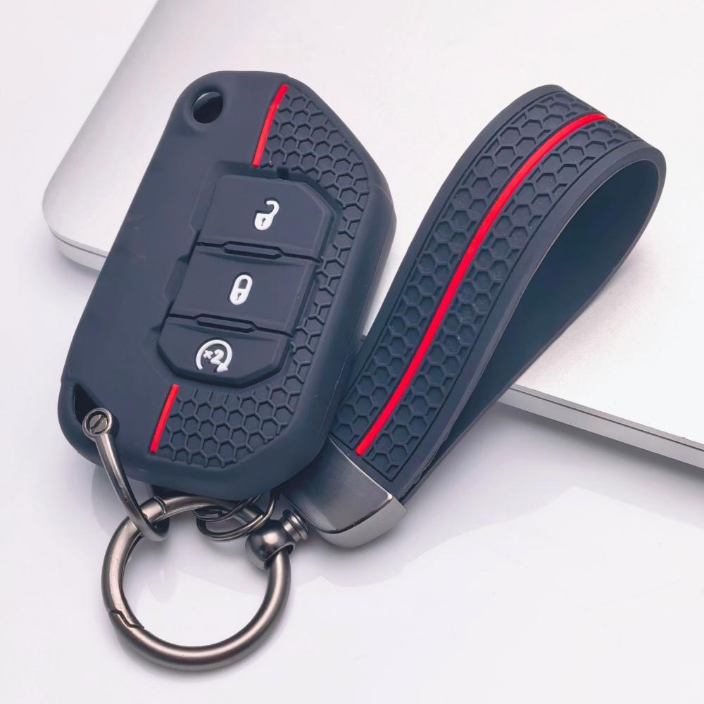 Silicone Key Fob Cover with Matching Keychain Compatible with Jeep Wrangler JL Gladiator JT 2018 2019 2020 2021 2022 2023 3 Button Smart Remote Key