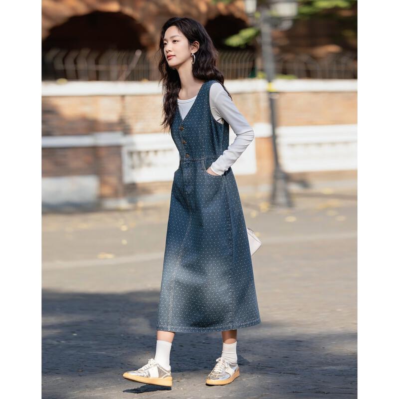 Demana Retro Polka V-Neck Sleeveless A-Line Denim Midi Dress L