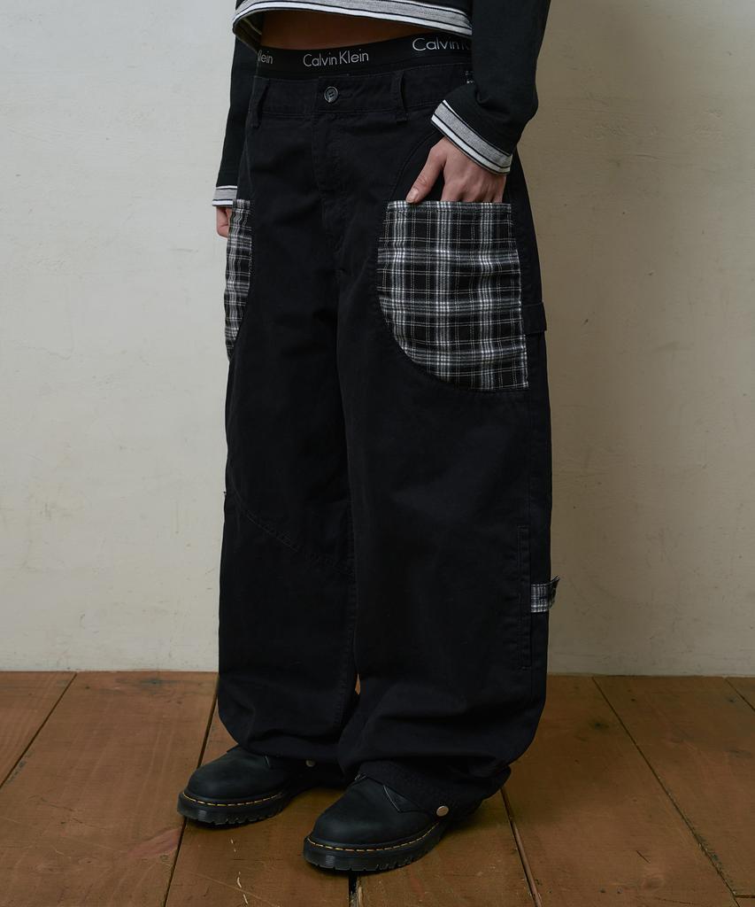 Lujeoseukeulleob Check Patch Wide Cotton Pants Black