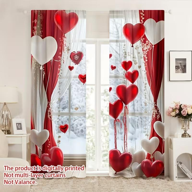 

Heart Shaped Balloon Print Curtains Suitable Bedroom Living Room Kitchen Decoration Home Window Set Of 2 Made Polyester Decor W100*H70(CM)-Hooks&2PCS
