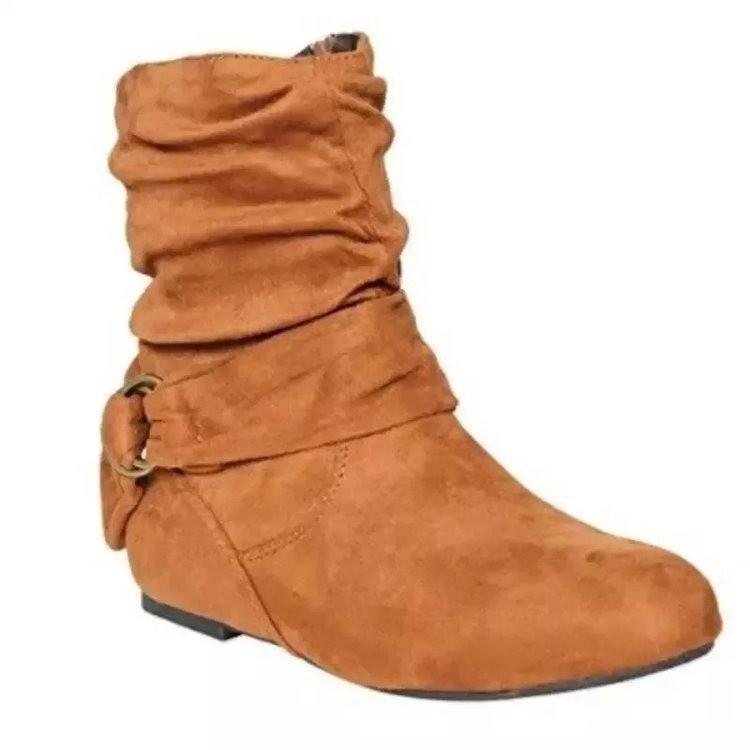 Autumn Winter flat bottom leather buckle women's short boots suede zipper round toe women's shoes Chelsea ankle boots size 43
