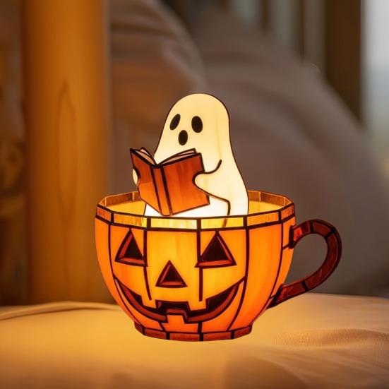 Ghost Reading Book Lamp Cute LED Ghost Reading in Pumpkin Cup Halloween Night Light for Bedroom Tabletop Decor